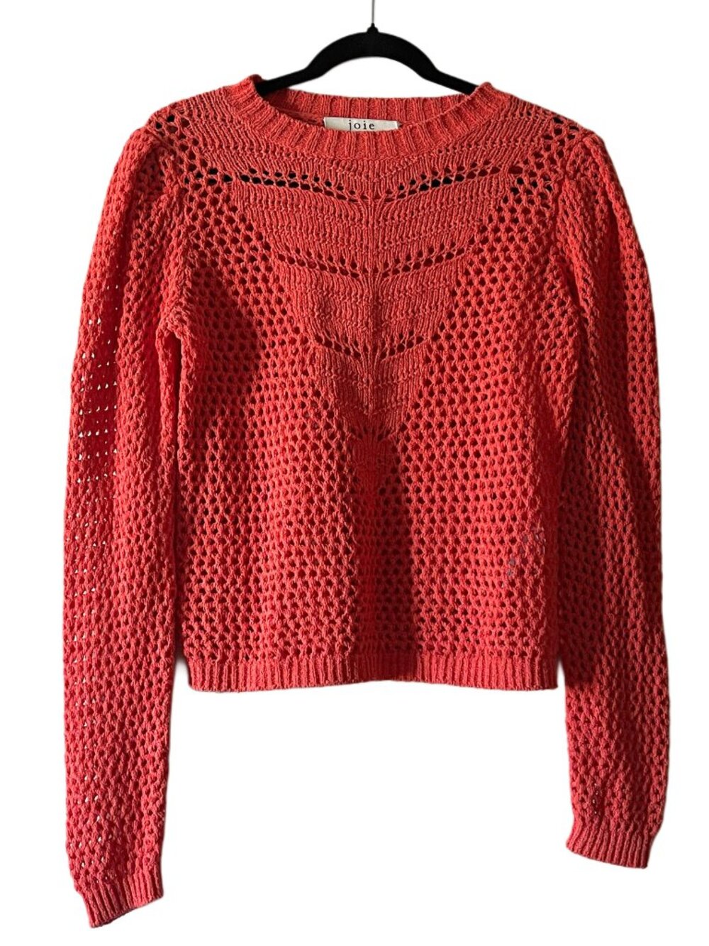 Joie Pointelle Knit Sweater Coral Red Open Knit Crew Neck Size S